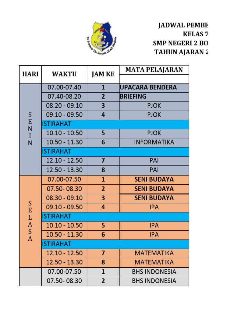 Jadwal Pelajaran Kelas 7c | PDF