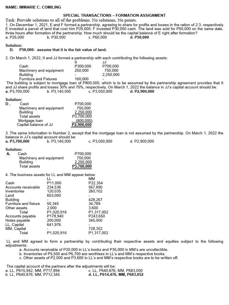Partnership Formation Assignment Solutions | PDF | Book Value | Debits ...