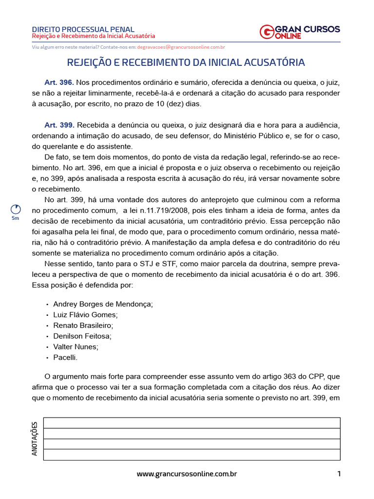 Rejeição e Recebimento da Inicial Acusatória | PDF | Réu | Citação ...