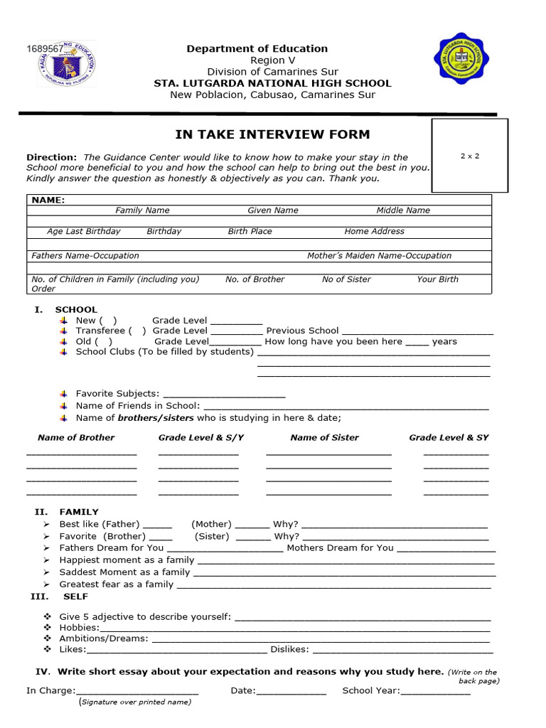 Student Intake Interview Form | PDF