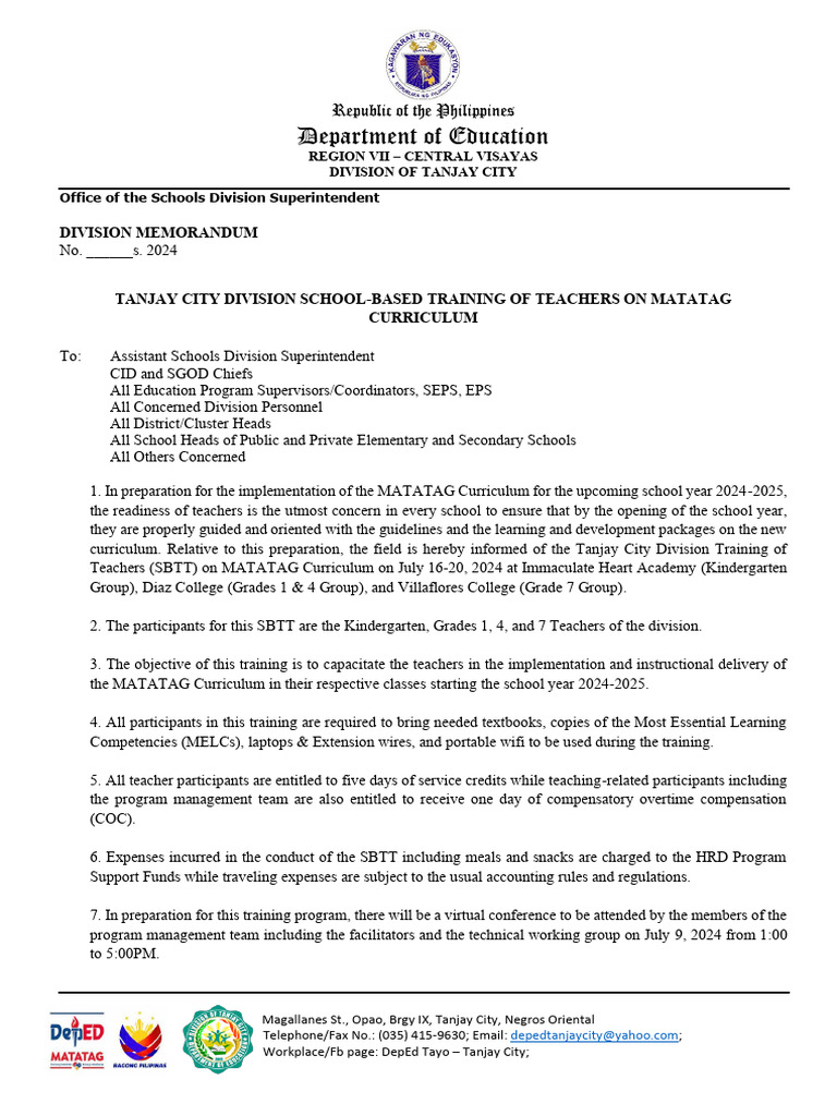 Division Memo for SBTT on Matatag Curriculum for Esig | PDF ...