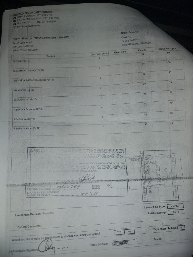 Grade 12 Progress Report: Kunene | PDF