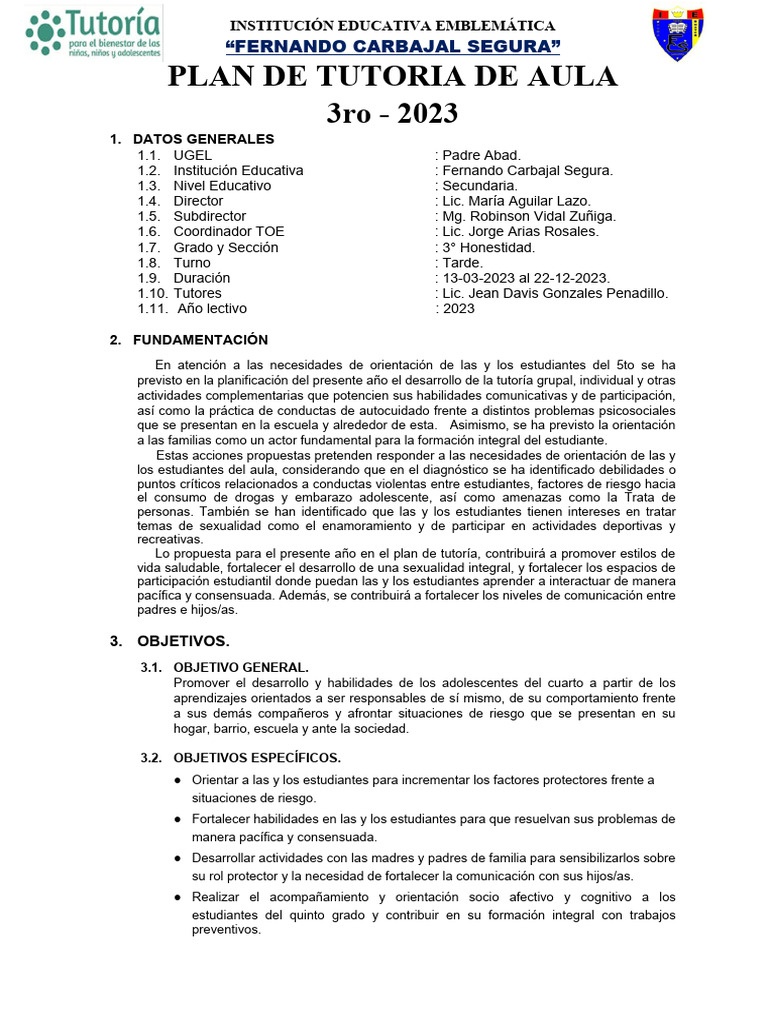 Plan de Tutoría 2023: 3ro Secundaria | PDF | Violencia | Aprendizaje