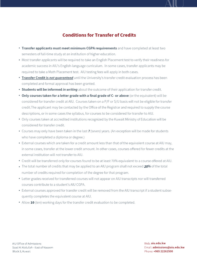 AIU Transfer Credit Policy Overview | PDF | Academic Degree | Academia