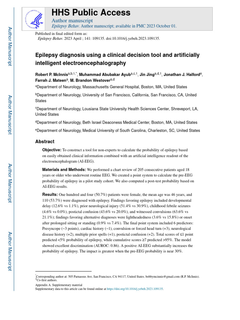 Epilepsy Diagnosis Using A Clinical Decision Tool and Artificially ...