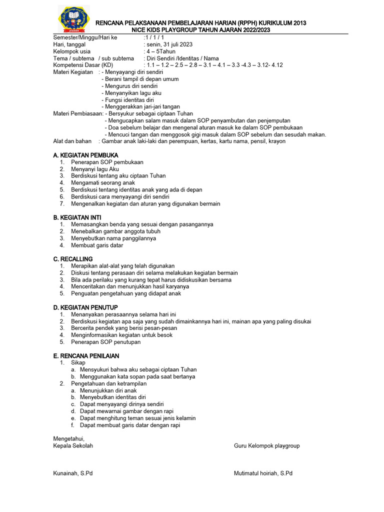 RPPH TK-A SMT1 Minggu - 01 - Identitas Diri | PDF