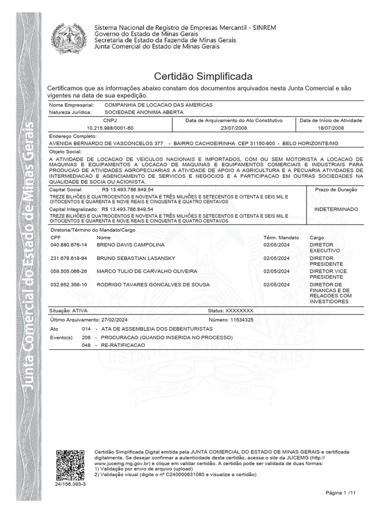 Certidão Simplificada Jucemg Companhia Locação Das Americas S A