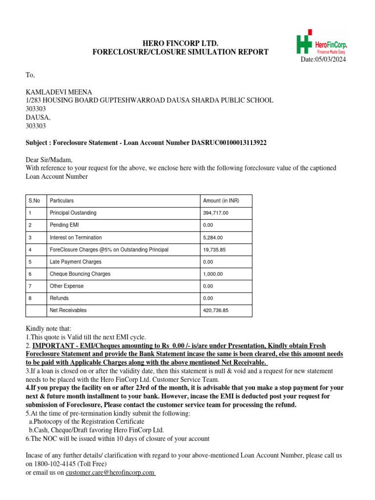 Hero FinCorp Loan Foreclosure Statement | PDF | Cheque | Foreclosure
