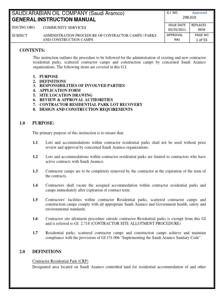 Contractor Camp Administration Procedures | PDF | General Contractor ...