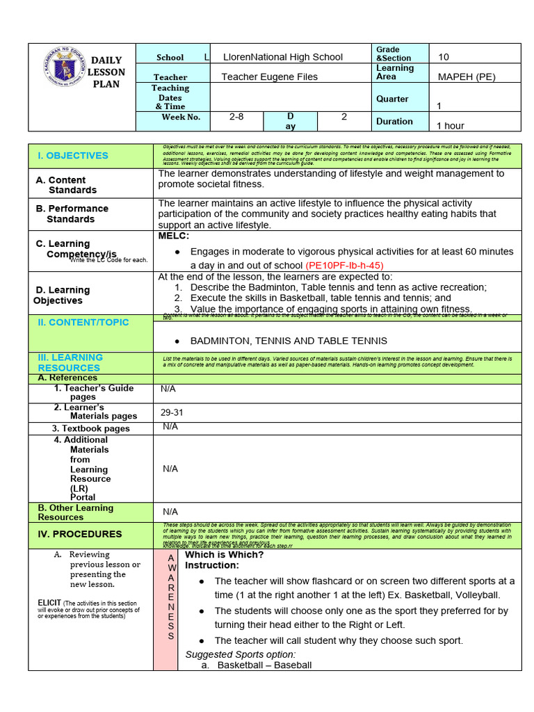 Daily MAPEH Lesson Plan for Grade 10 | PDF | Learning | Educational ...