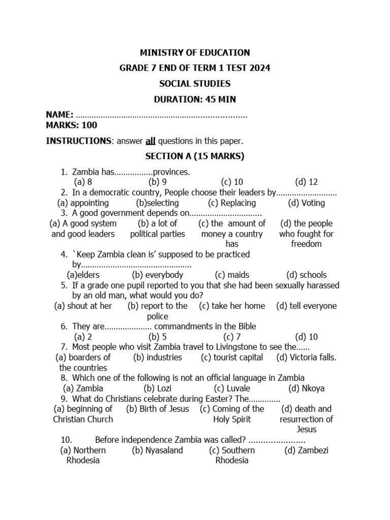 Grade 7 Social Studies Term 1 Test 2024 | PDF | Zambia