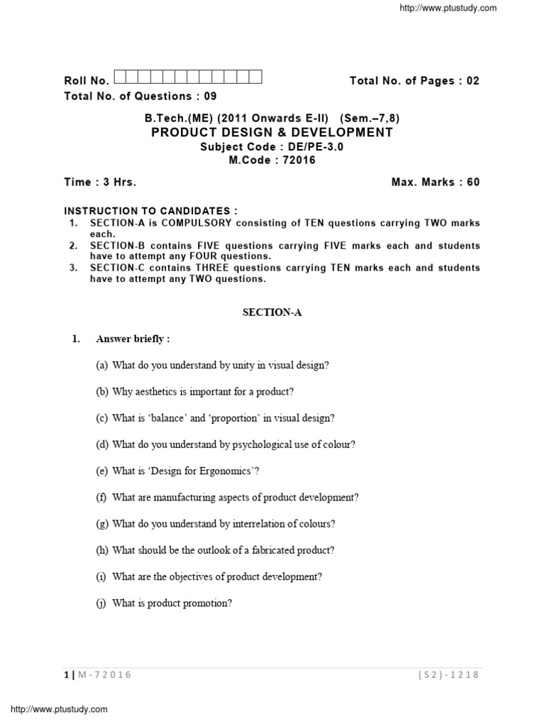 Btech Me 7 8 Sem Product Design and Development 72016 May 2019 | PDF ...