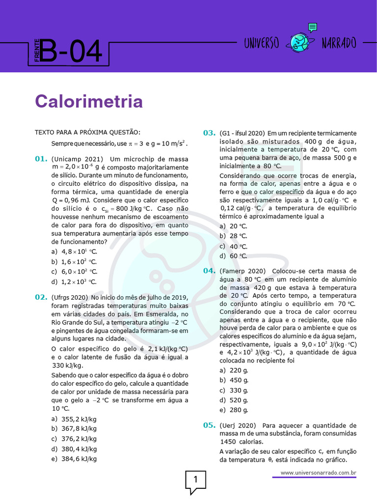 Questões de Calorimetria e Termodinâmica | PDF | Calor | Temperatura