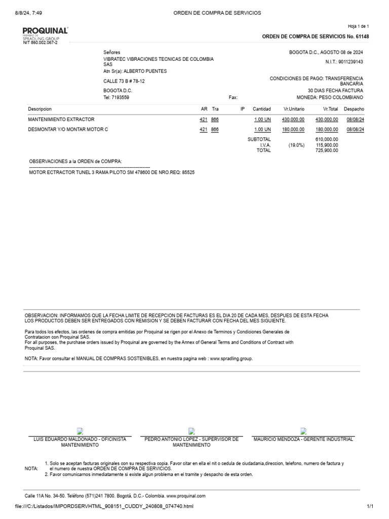 Orden de Compra Servicios Mantenimiento 2024 | PDF