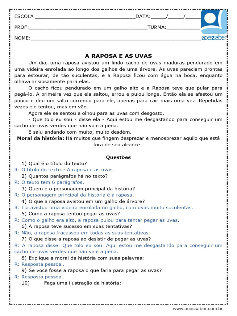 Interpretacao de Texto A Raposa e As Uvas 3 Ano e 4 Ano Respostas | PDF