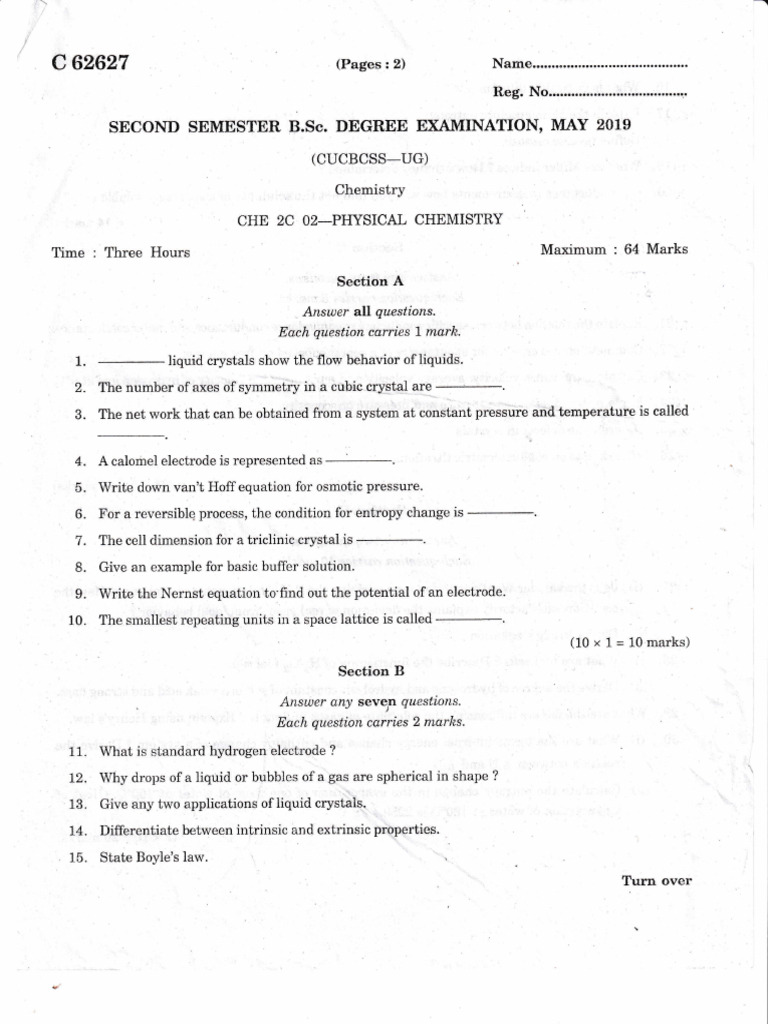 B.Sc. Physical Chemistry Exam Questions | PDF | Gases | Liquids