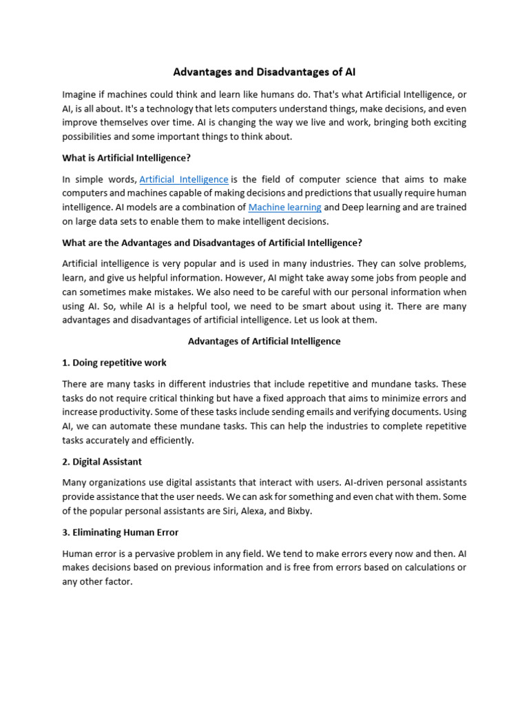 Advantages and Disadvantages of AI | PDF | Artificial Intelligence ...