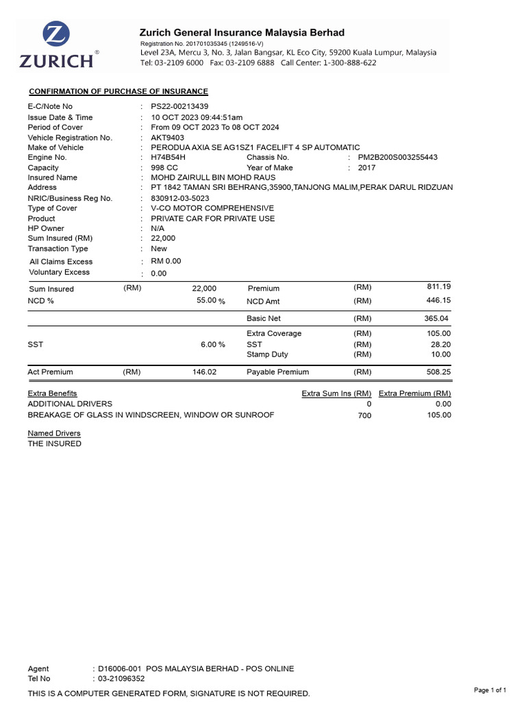 Insurance Purchase Confirmation Document | PDF | Insurance | Vehicles