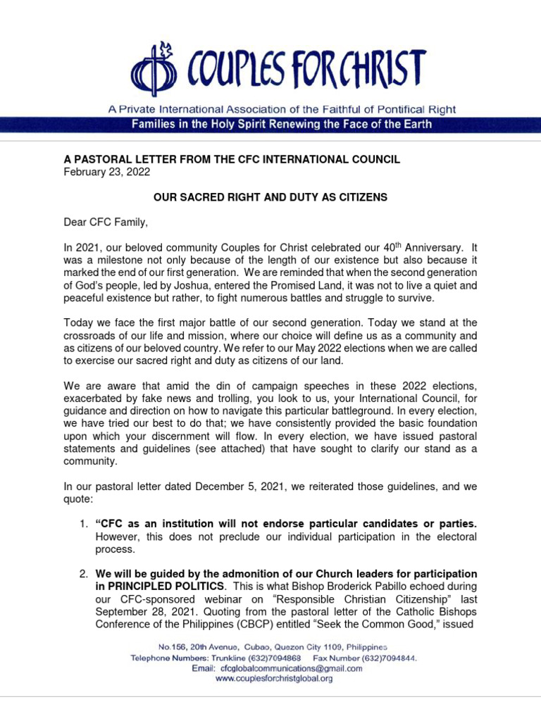 CFC's Call for Principled Politics | PDF | Catholic Church
