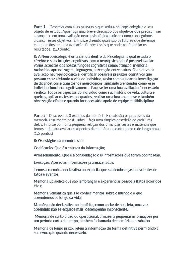 Avaliação Neuropsicológica e Memória | PDF | Neuropsicologia | Memória