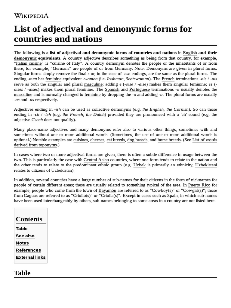 Demonyms and Adjectival Forms by Country | PDF | Grammatical Gender ...