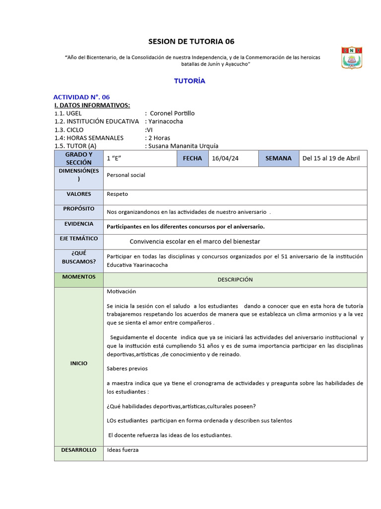 Sesion de Tutoria - 06-2024 | PDF | Crecimiento personal y profesional