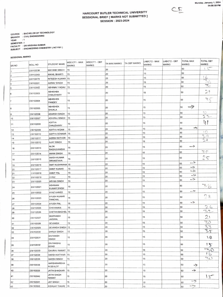 Civil Engineering Sessional Marks 2023 | PDF