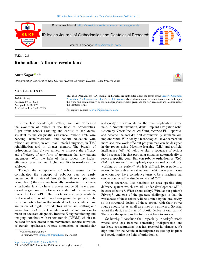 Robolution: A Future Revolution?: IP Indian Journal of Orthodontics and ...