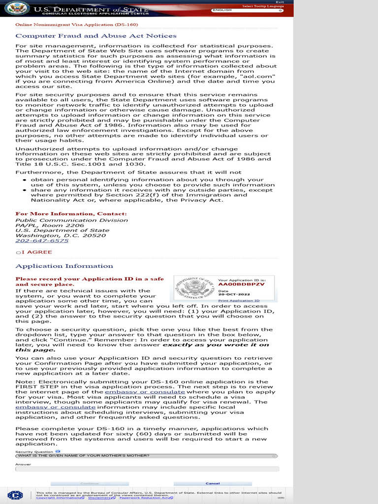 Consular Electronic Application Center Confirm Application ID Page