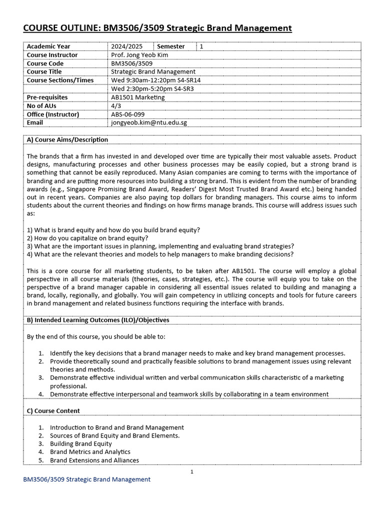 Strategic Brand Management Course BM3509 | PDF | Brand | Critical Thinking