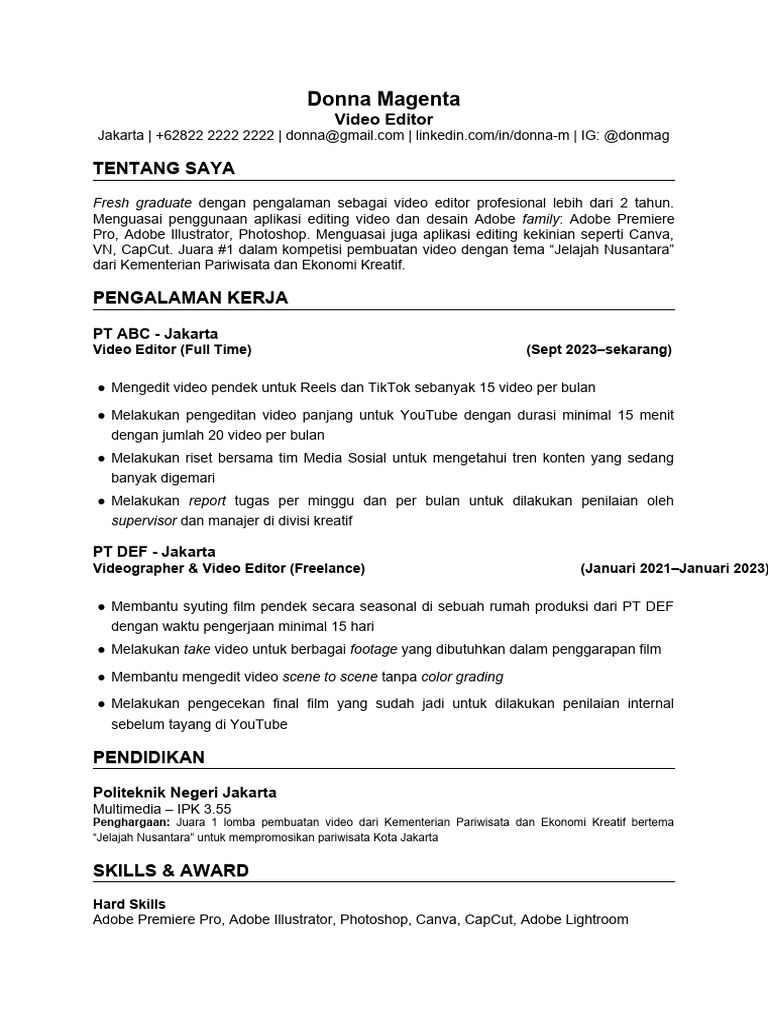 65ba0b42a29cfef62114798e Contoh CV Video Editor | PDF | Komputer