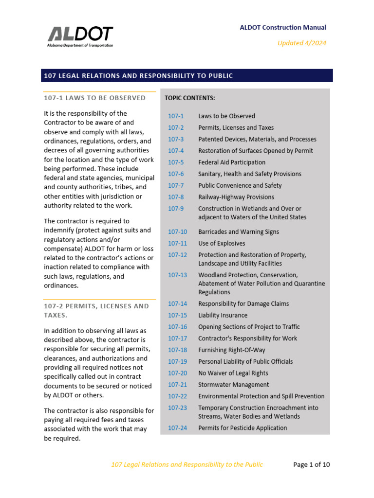 ALDOT Construction Legal Responsibilities | PDF | Occupational Safety ...
