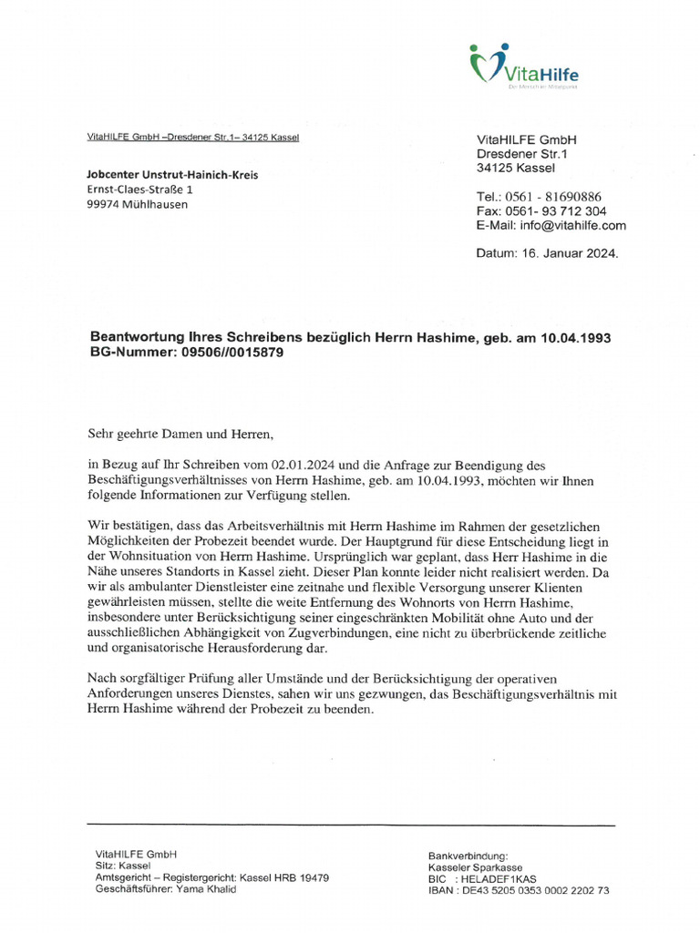 Antwort An JobCenter - Hashime | PDF