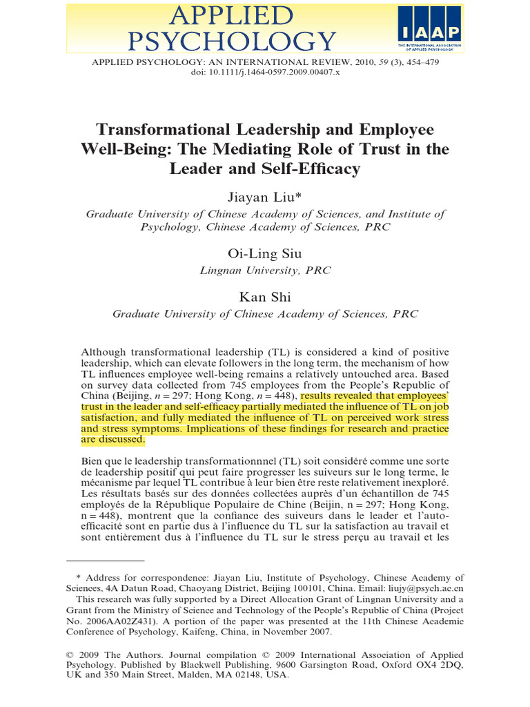 Transformational Leadership and Employee Well-Being | PDF | Self ...