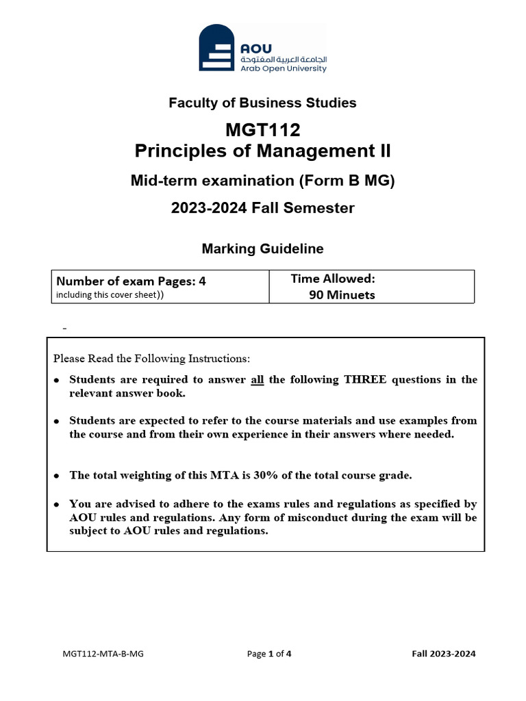 MGT112-MTA - Form B-MG Fall 2023-2024 | PDF | Organizational Behavior ...