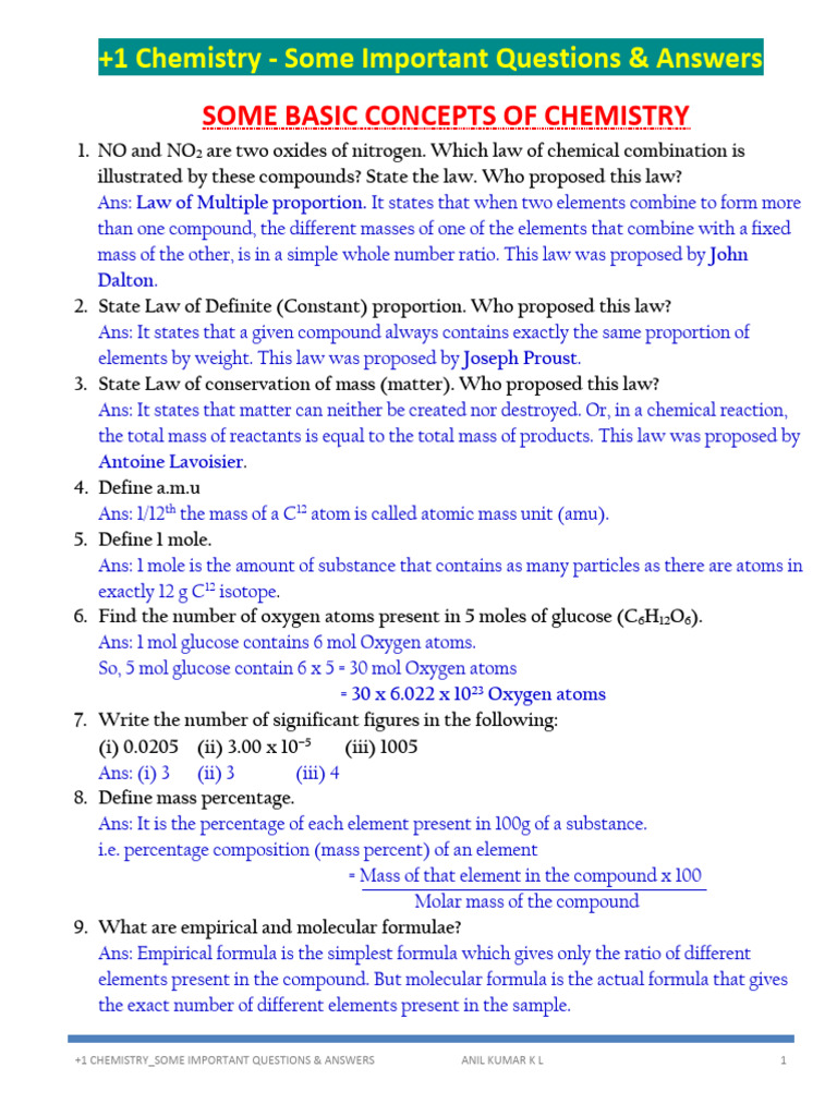  1 chemistry some important questions answers 1 pdf acid