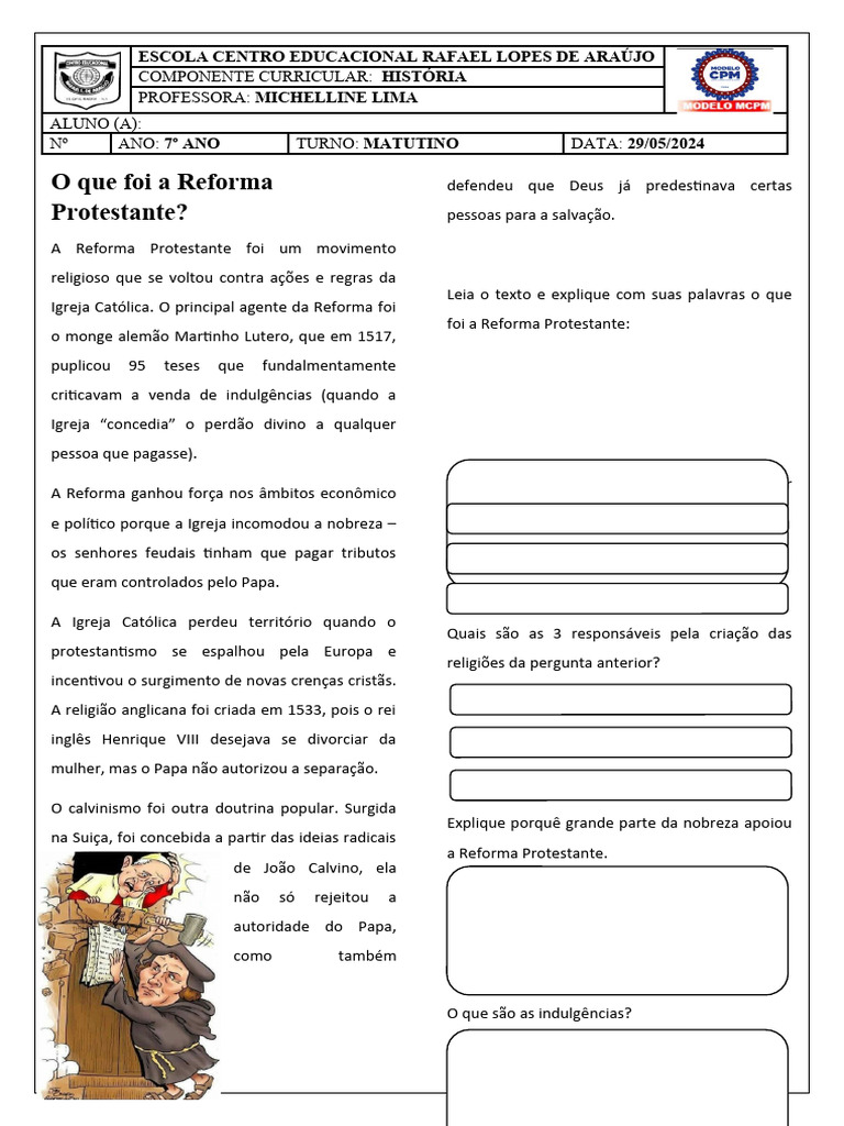 Atividade - Reforma protestante | PDF