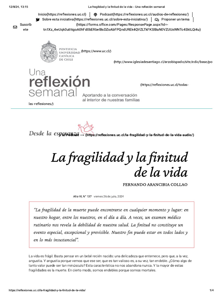 La Fragilidad y La Finitud de La Vida | PDF