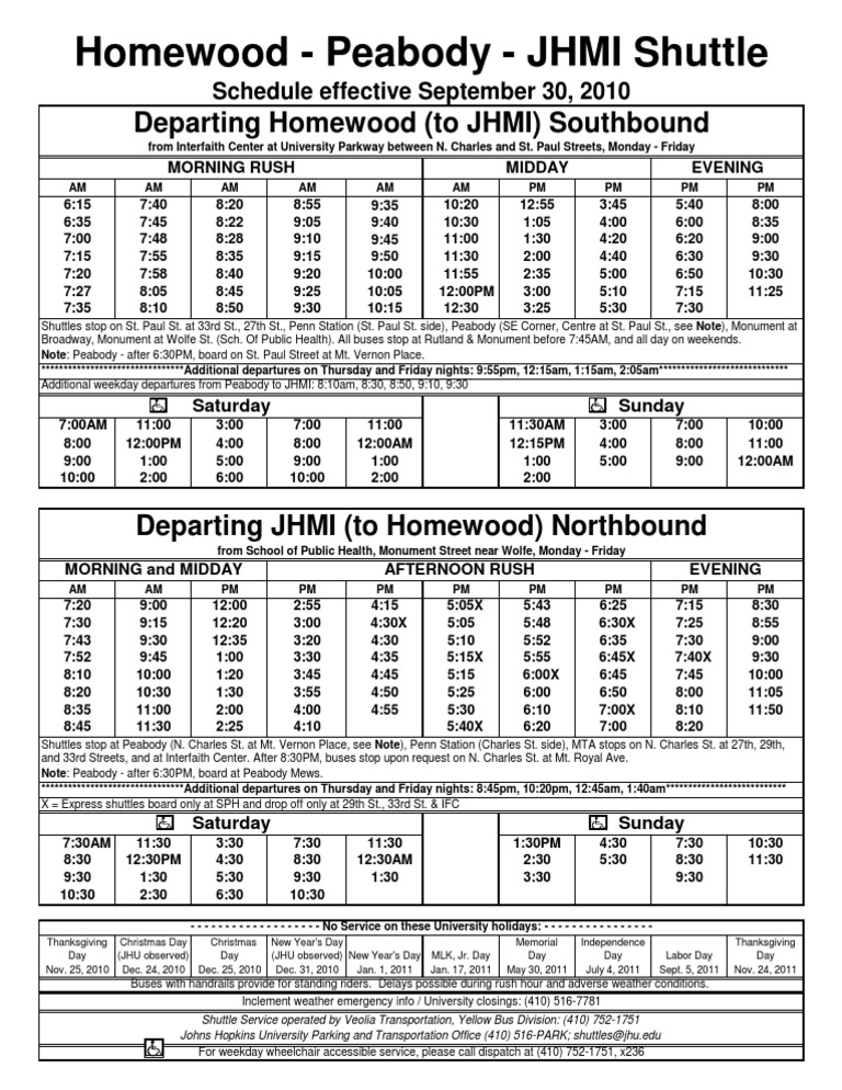 JHMI Shuttle Schedule 9-30-10 | Business | Free 30-day Trial | Scribd
