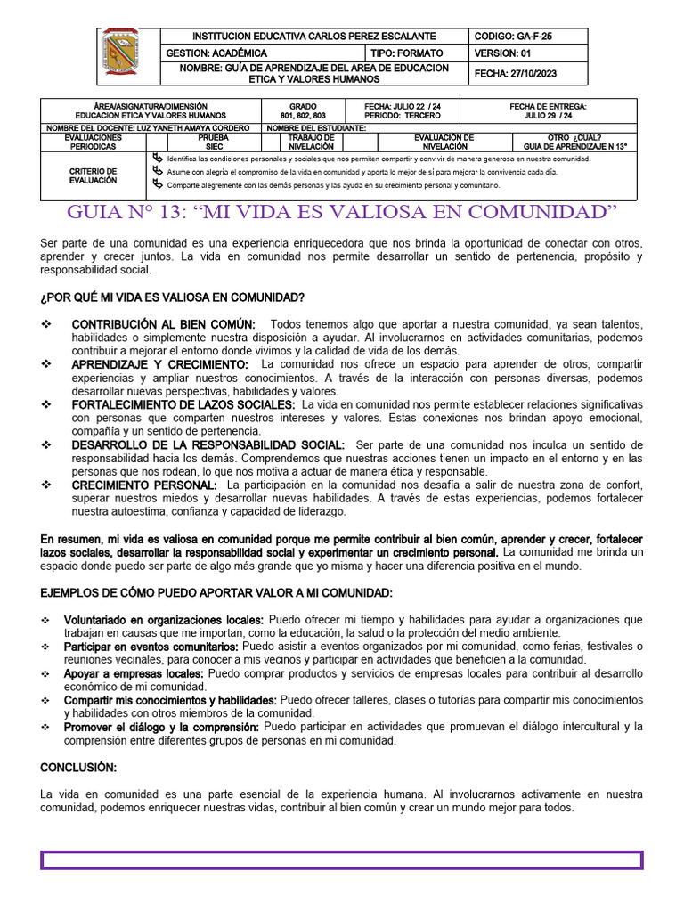Vida en Comunidad y Valores Humanos | PDF | Comunidad | Aprendizaje
