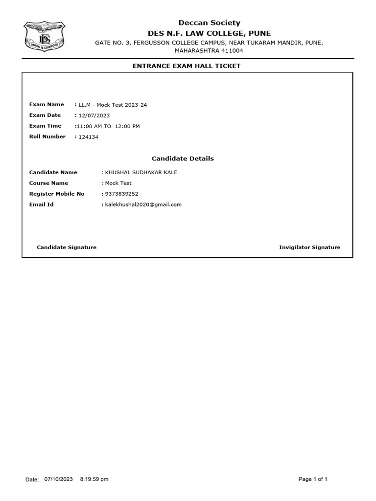 LL.M Mock Test Hall Ticket 2023-24 | PDF