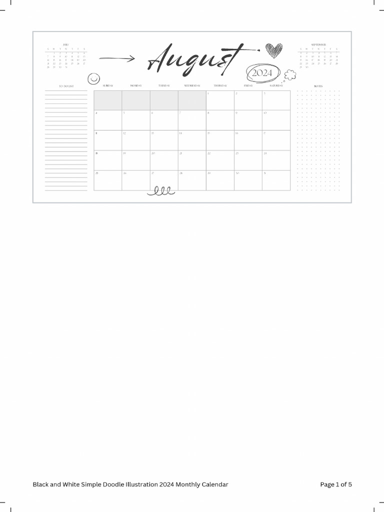 Black and White Simple Doodle Illustration 2024 Monthly Calendar | PDF