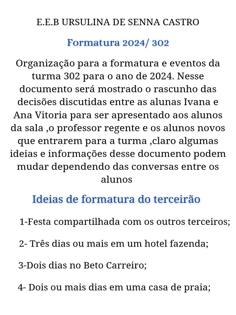 Planejamento da Formatura 2024 EEB Ursulina | PDF | Dinheiro