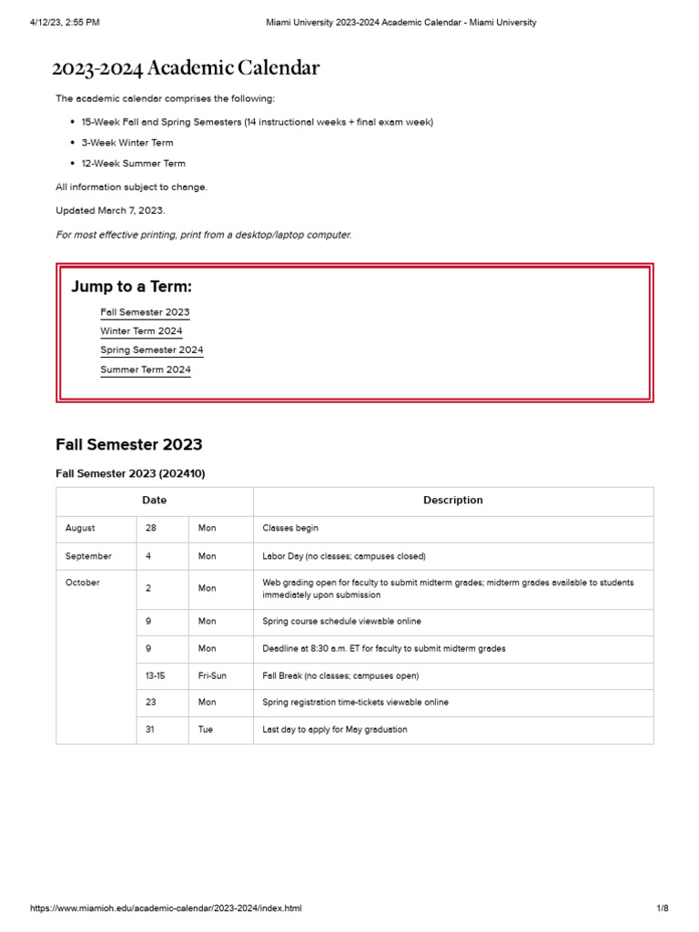 Miami University 20232024 Academic Calendar Miami University PDF