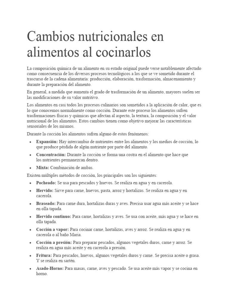 Cambios Nutricionales en Alimentos Al Cocinarlos | PDF | Cocinando ...