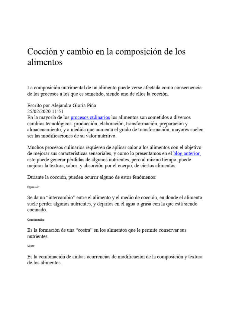 Cocción y Cambio en La Composición de Los Alimentos | PDF | Alimentos ...