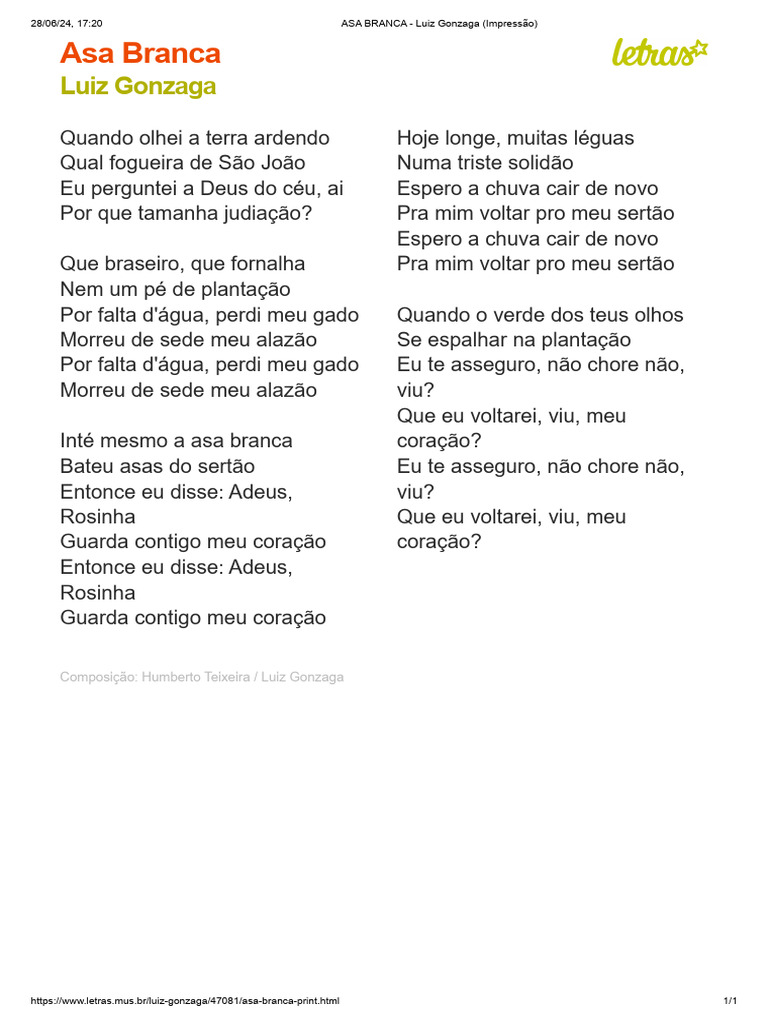 Letra da Música Asa Branca | PDF