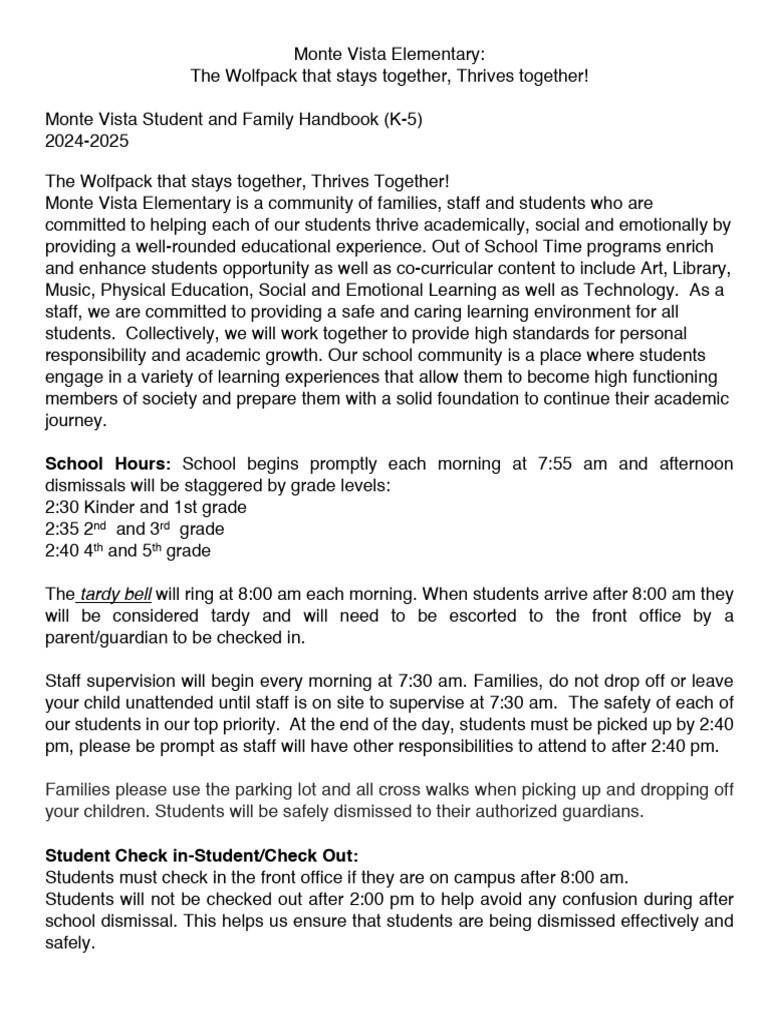 PARENT COPY Monte Vista Elementary Student Handbook 24-25 | PDF ...