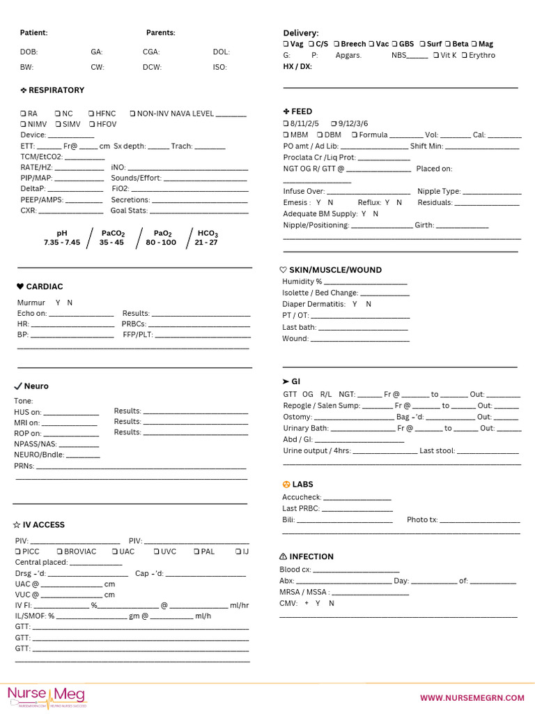 NICU Report Sheet | PDF for Free Printable Nicu Report Sheet