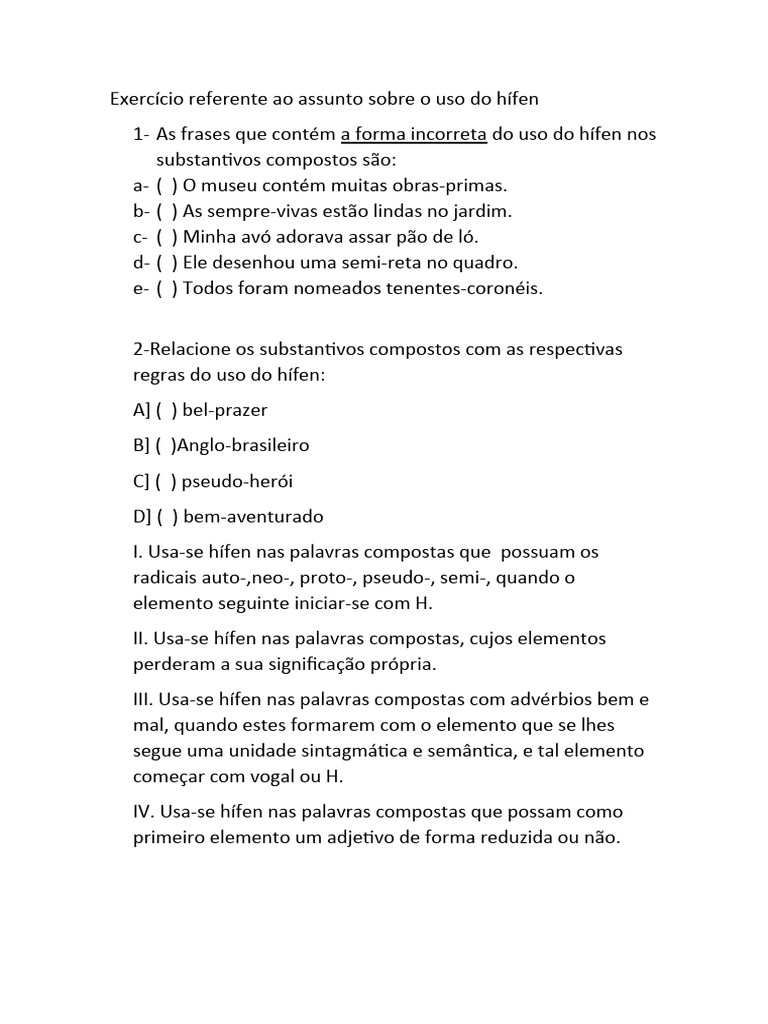 Exercícios Sobre O Uso Do Hífen Nos Substantivos Compostos – WARRMX